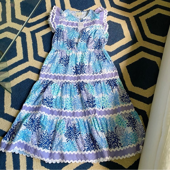 🩵 SAIL TO SABLE PURPLE BLUE WHITE RUFFLE SLEEVE RIC RACK TRIM MIDI DRESS! - Picture 7 of 14